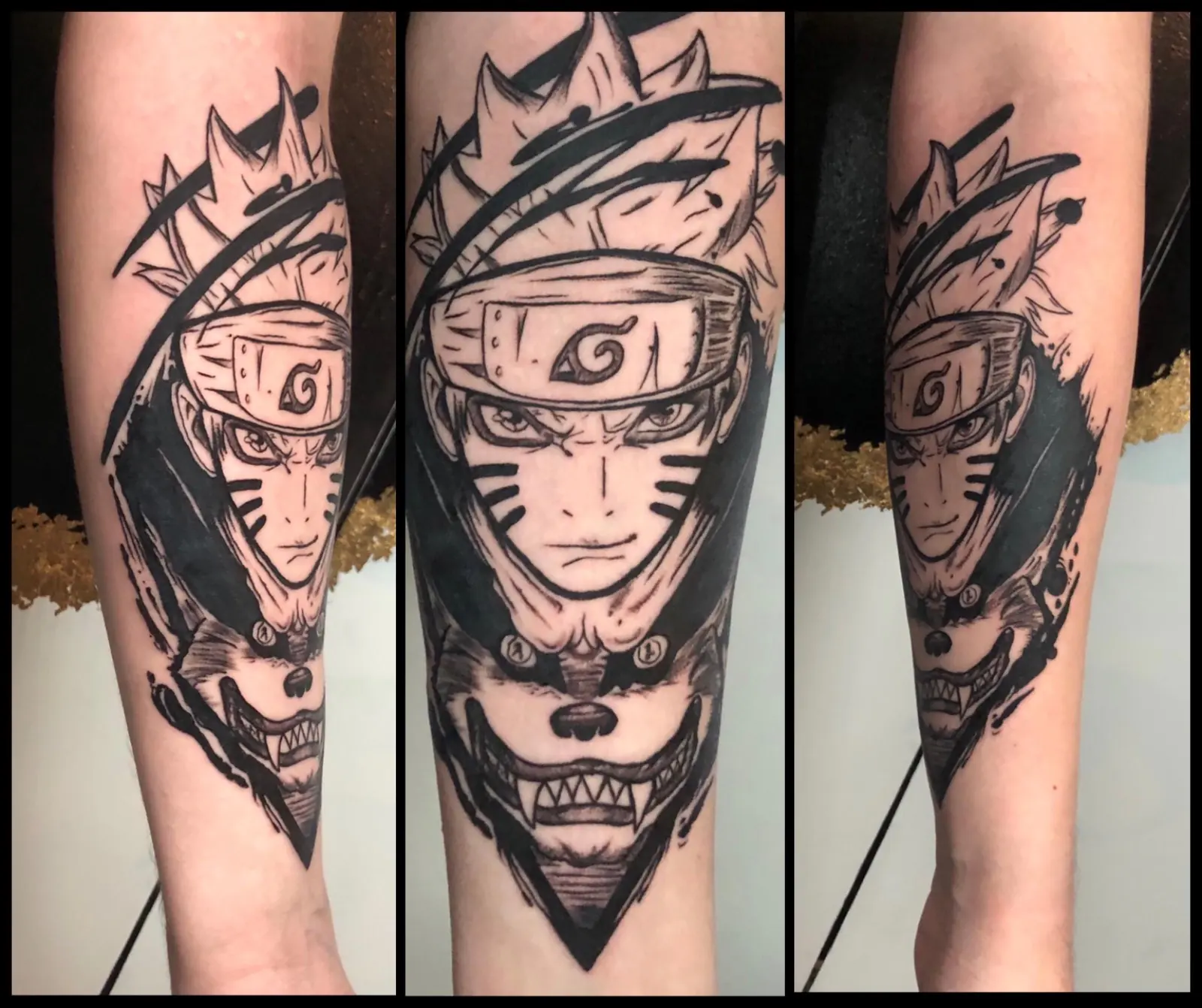 Anime blackwork tattoo of Naruto with his headband and the fox spirit Kurama on the forearm, shown from three angles