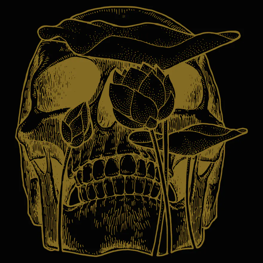 Tattoo flash illustration of a skull with lotus flowers in gold linework on black, graphic from Ink21 Tattoo Studio Vienna