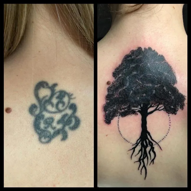 Baum als Cover-up am Rücken. Tattoo bei Ink21 in Wien.