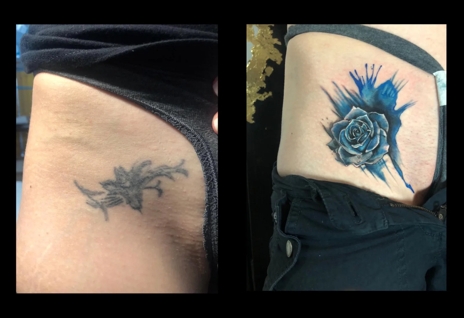 Blaue Rose als Cover-up. Tattoo bei Ink21 in Wien.
