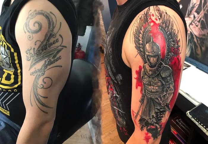 Geflügelter Krieger als Cover-up. Tattoo bei Ink21 in Wien.