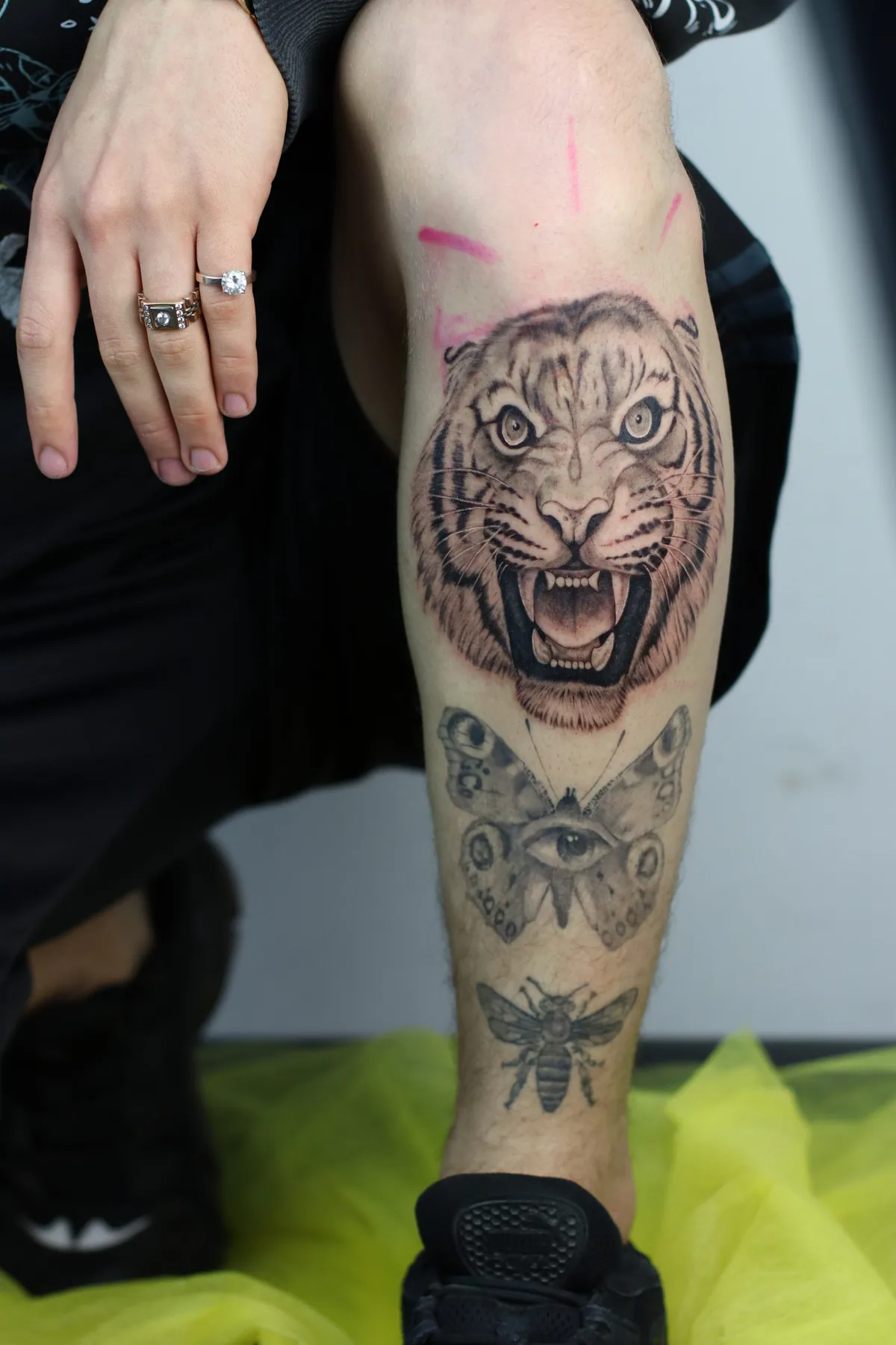 Tiger head above three butterflies. Tattoo at Ink21 in Vienna.