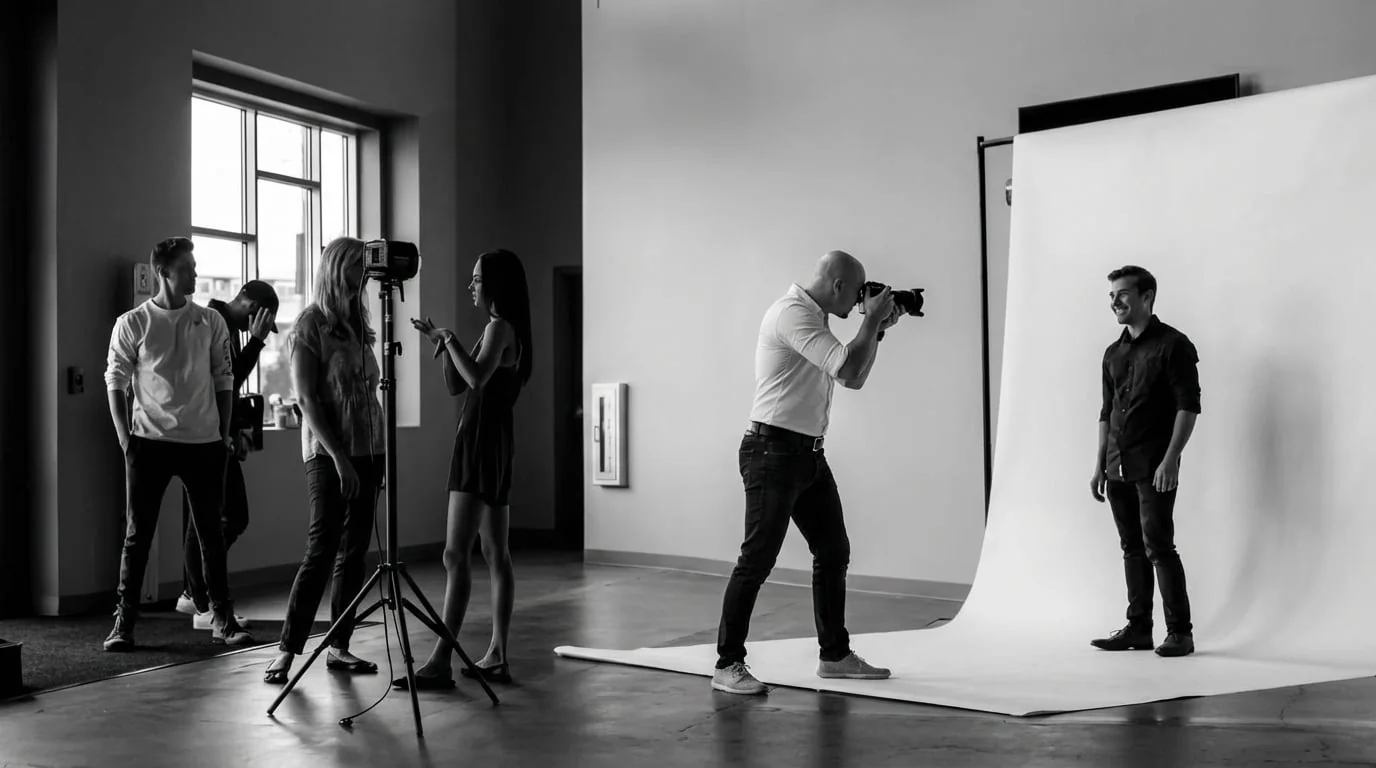 Photographer and model in front of a white studio backdrop, on Alex’s page as a multimedia designer in Vienna.
