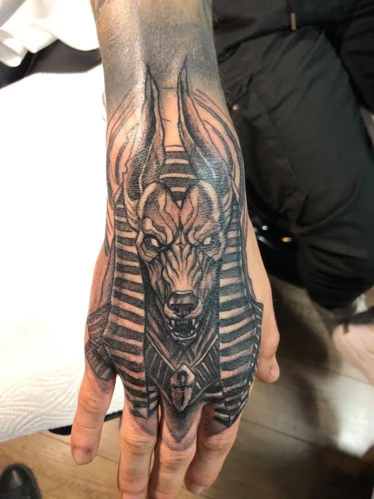 Anubis on the back of the hand. Tattoo at Ink21 in Vienna.