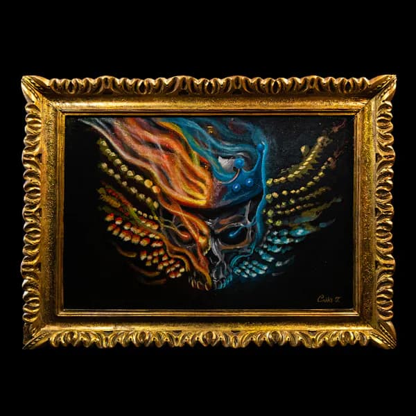 Blue and orange skull with wings. Artwork at Ink21 in Vienna.