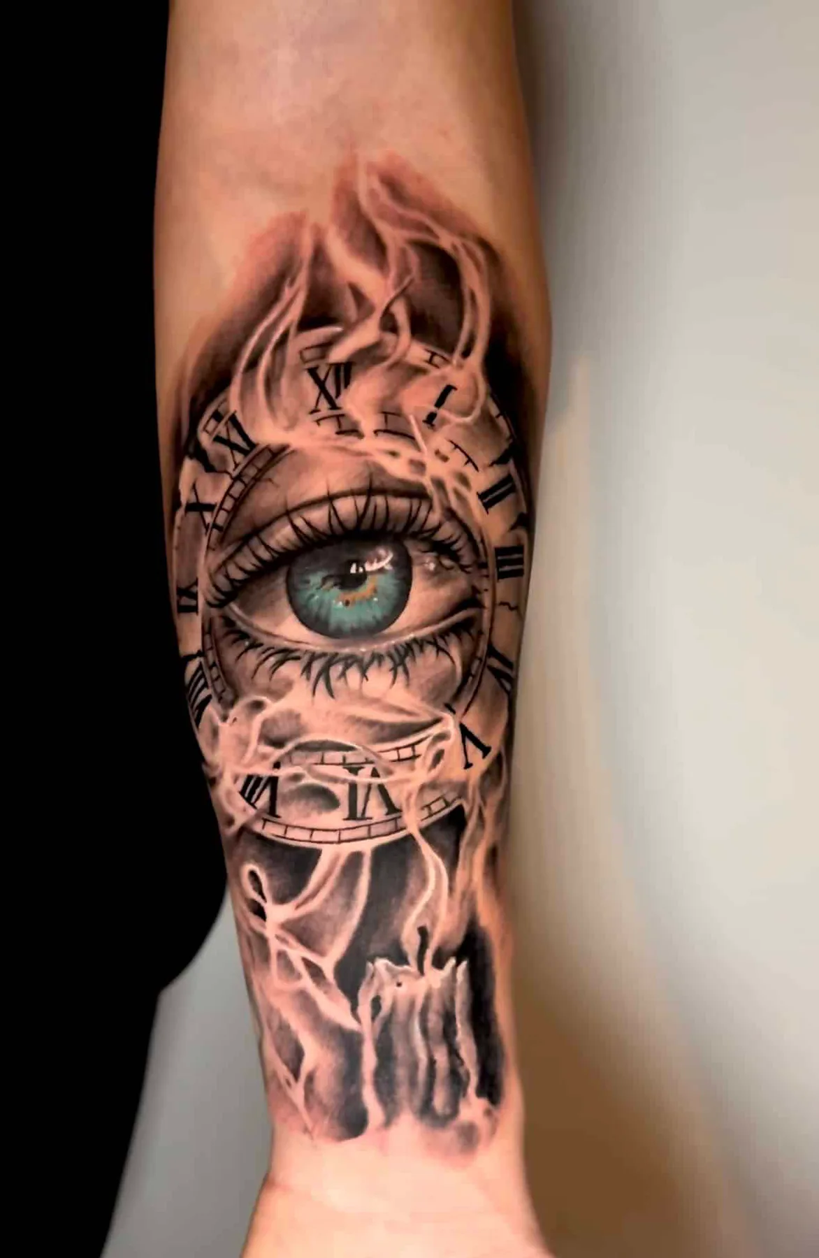 Blue eye among flames. Tattoo at Ink21 in Vienna.