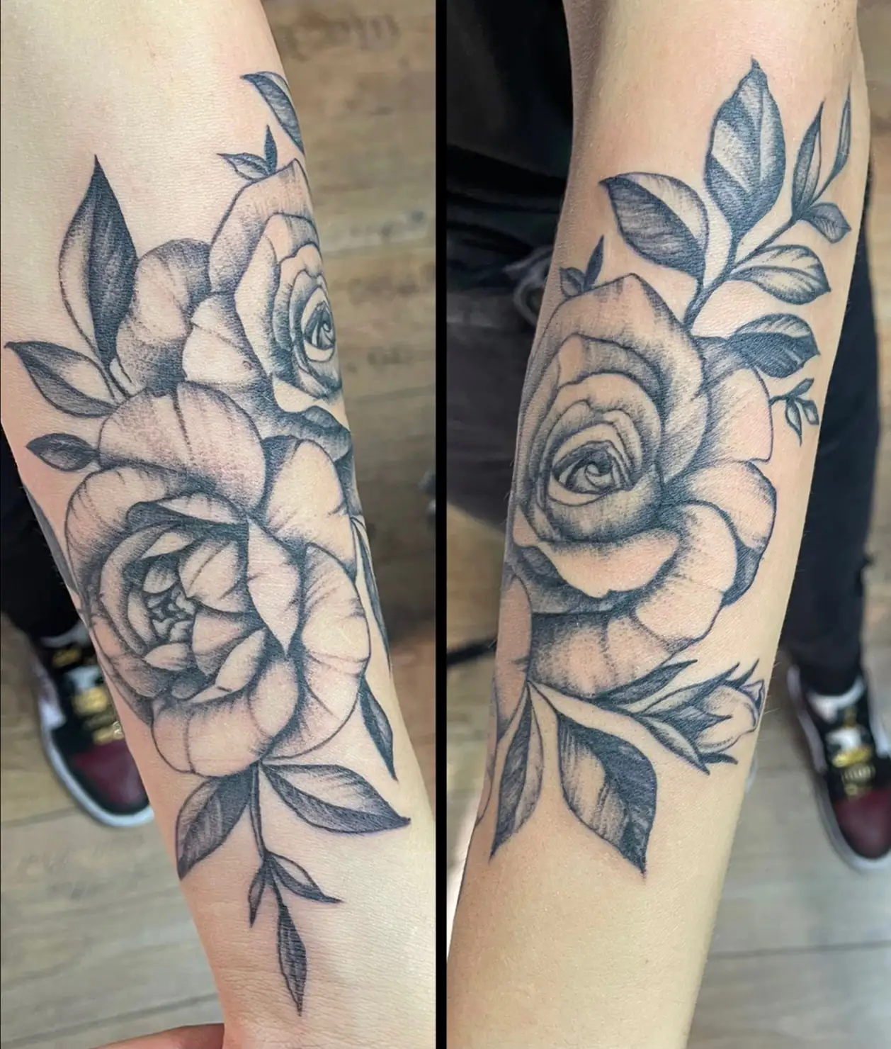 Flower branch along the forearm. Tattoo at Ink21 in Vienna.