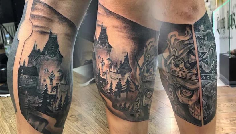 Castle landscape and crowned skull. Tattoo at Ink21 in Vienna.