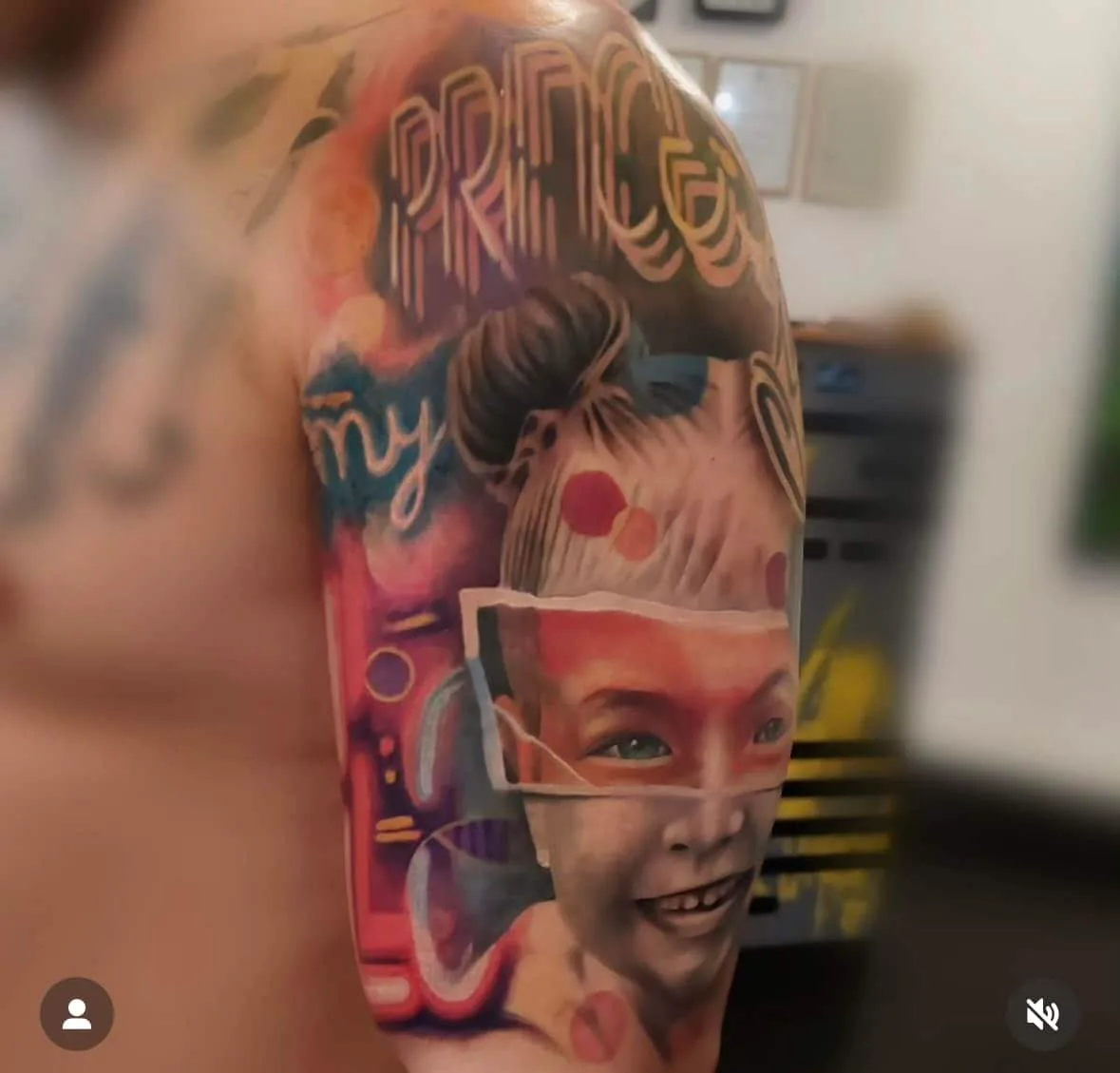 Colour portrait collage on the upper arm. Tattoo at Ink21 in Vienna.