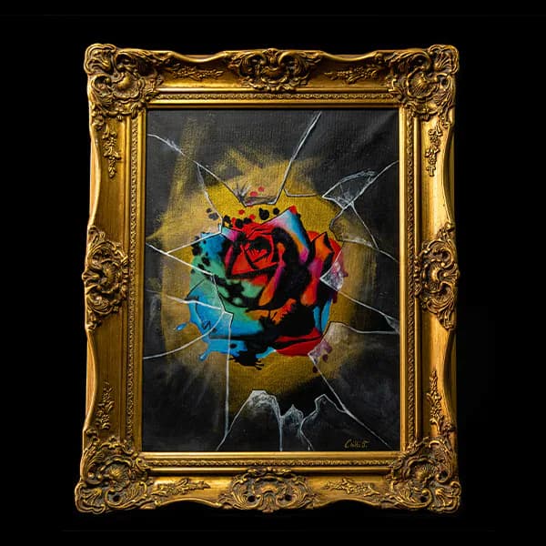 Colourful rose behind a fractured surface. Artwork at Ink21 in Vienna.