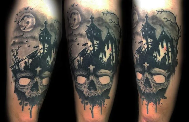 Graveyard above a skull. Tattoo at Ink21 in Vienna.