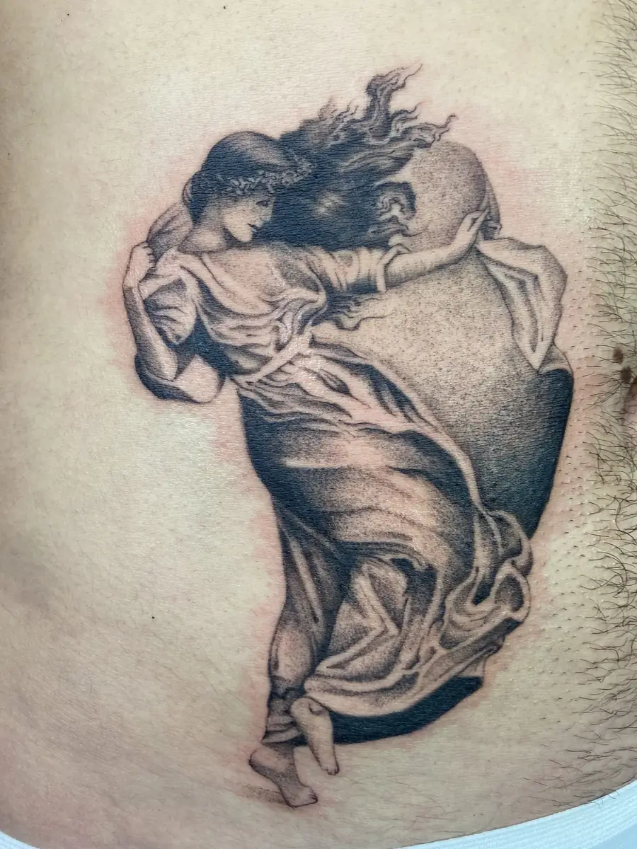 Winged woman with flowing fabric. Tattoo at Ink21 in Vienna.