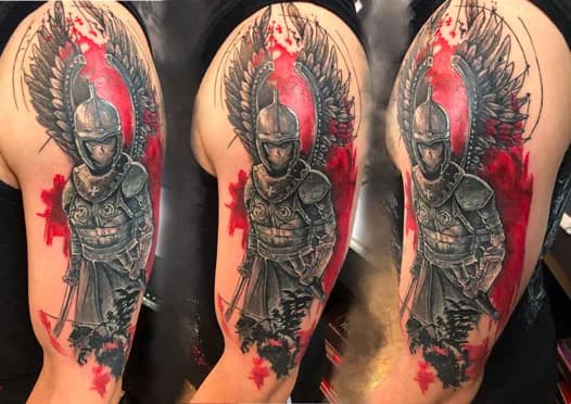 Winged warrior from three angles. Tattoo at Ink21 in Vienna.