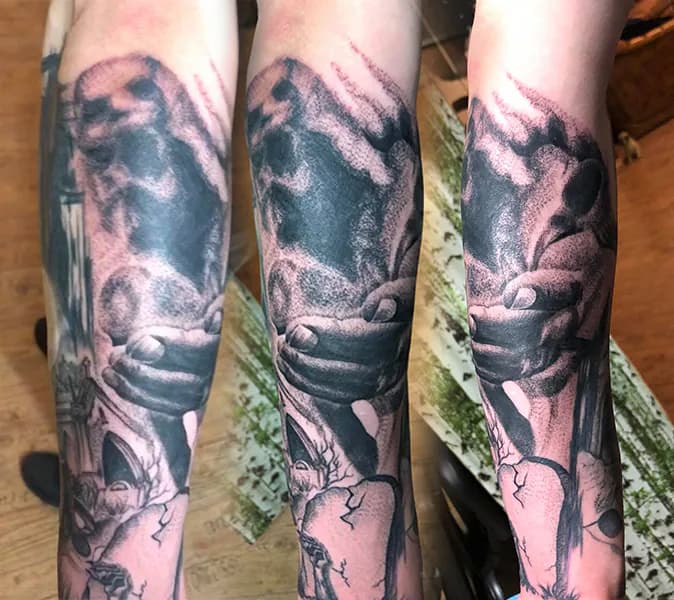 Ghostly figure with a shrouded face. Tattoo at Ink21 in Vienna.