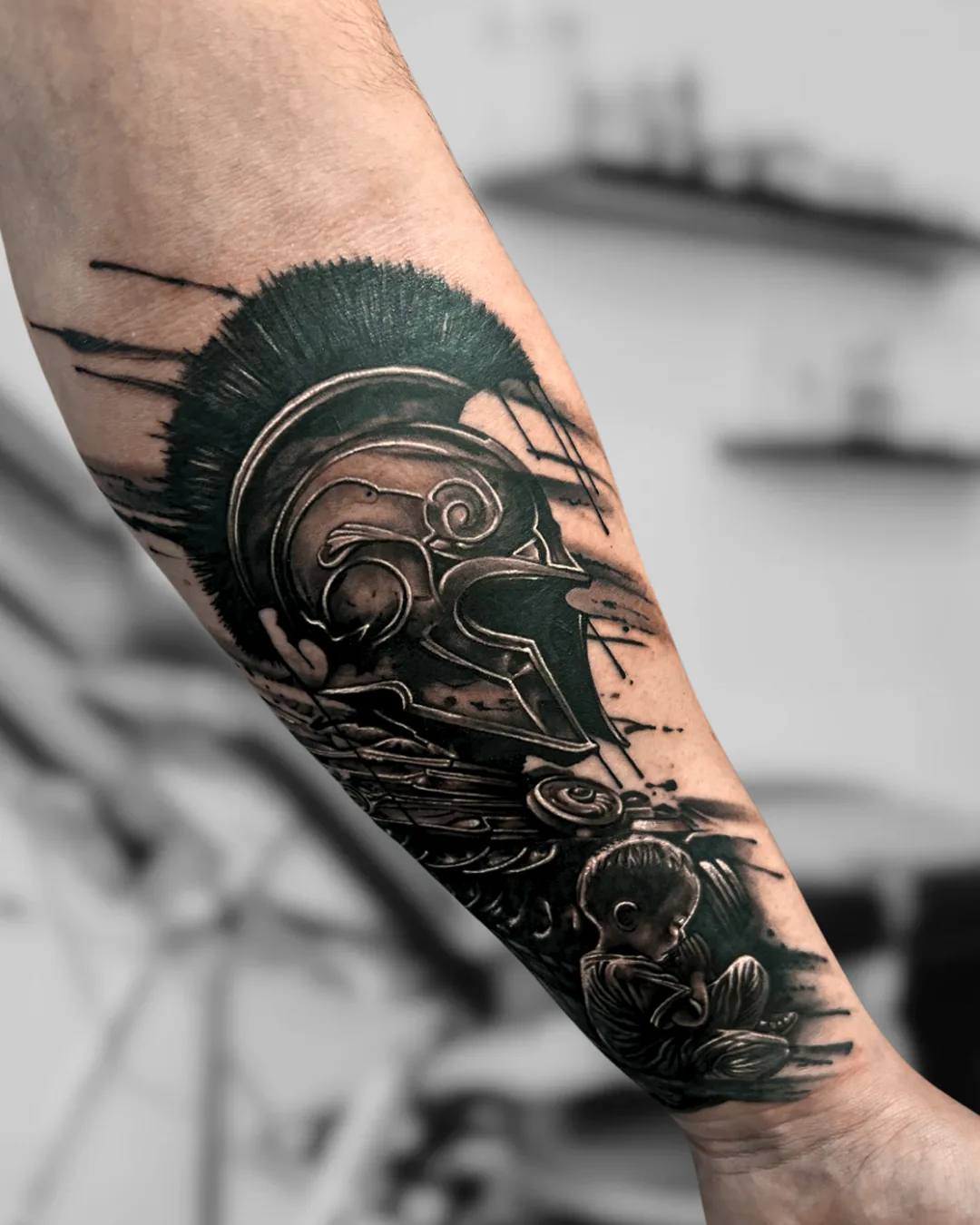 Green warrior helmet with ornamental lines. Tattoo at Ink21 in Vienna.
