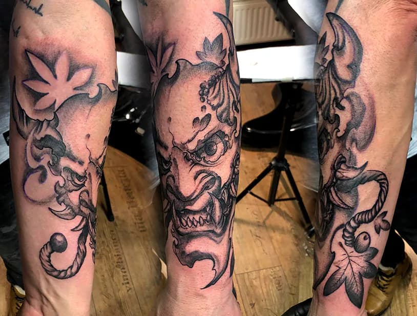 Hannya with trailing flowers. Tattoo at Ink21 in Vienna.