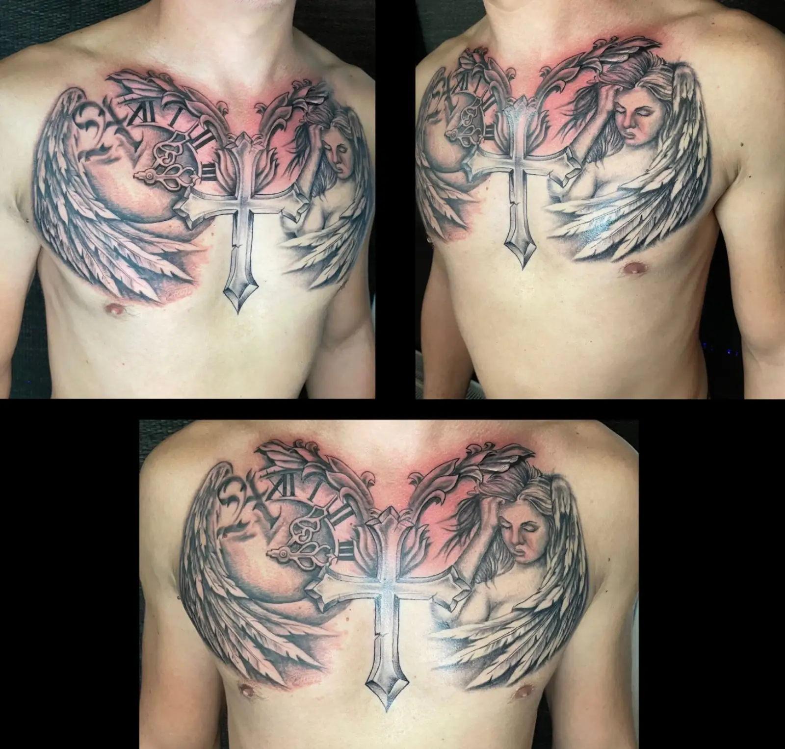 Cross and angels across the chest. Tattoo at Ink21 in Vienna.