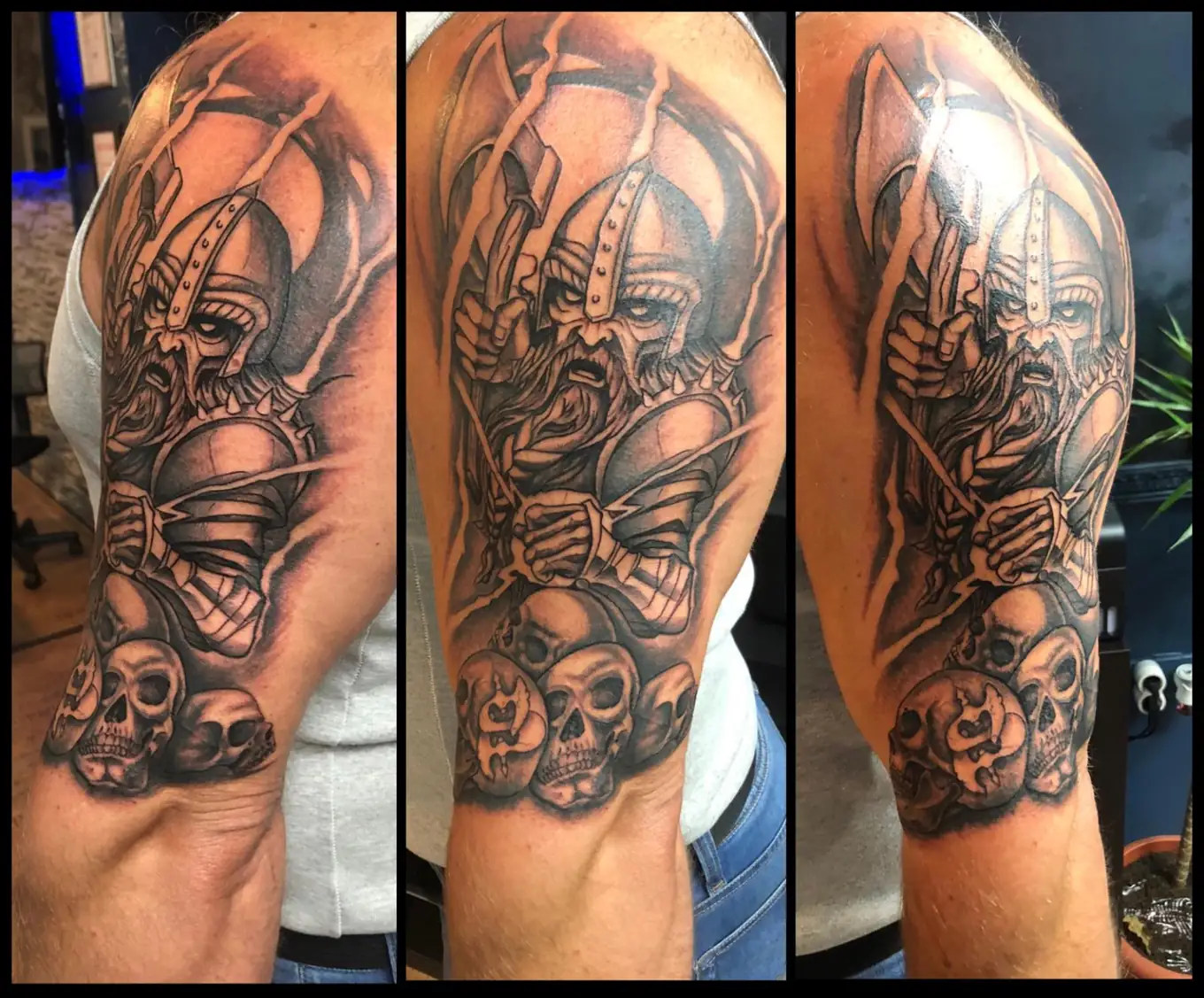 Warrior helmet with skulls. Tattoo at Ink21 in Vienna.