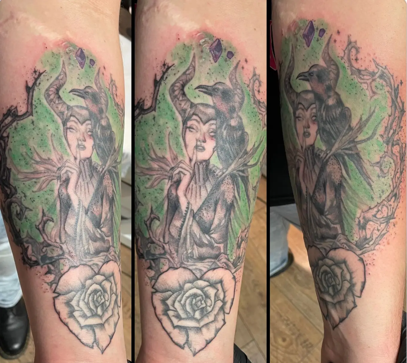 Maleficent with green accents. Tattoo at Ink21 in Vienna.