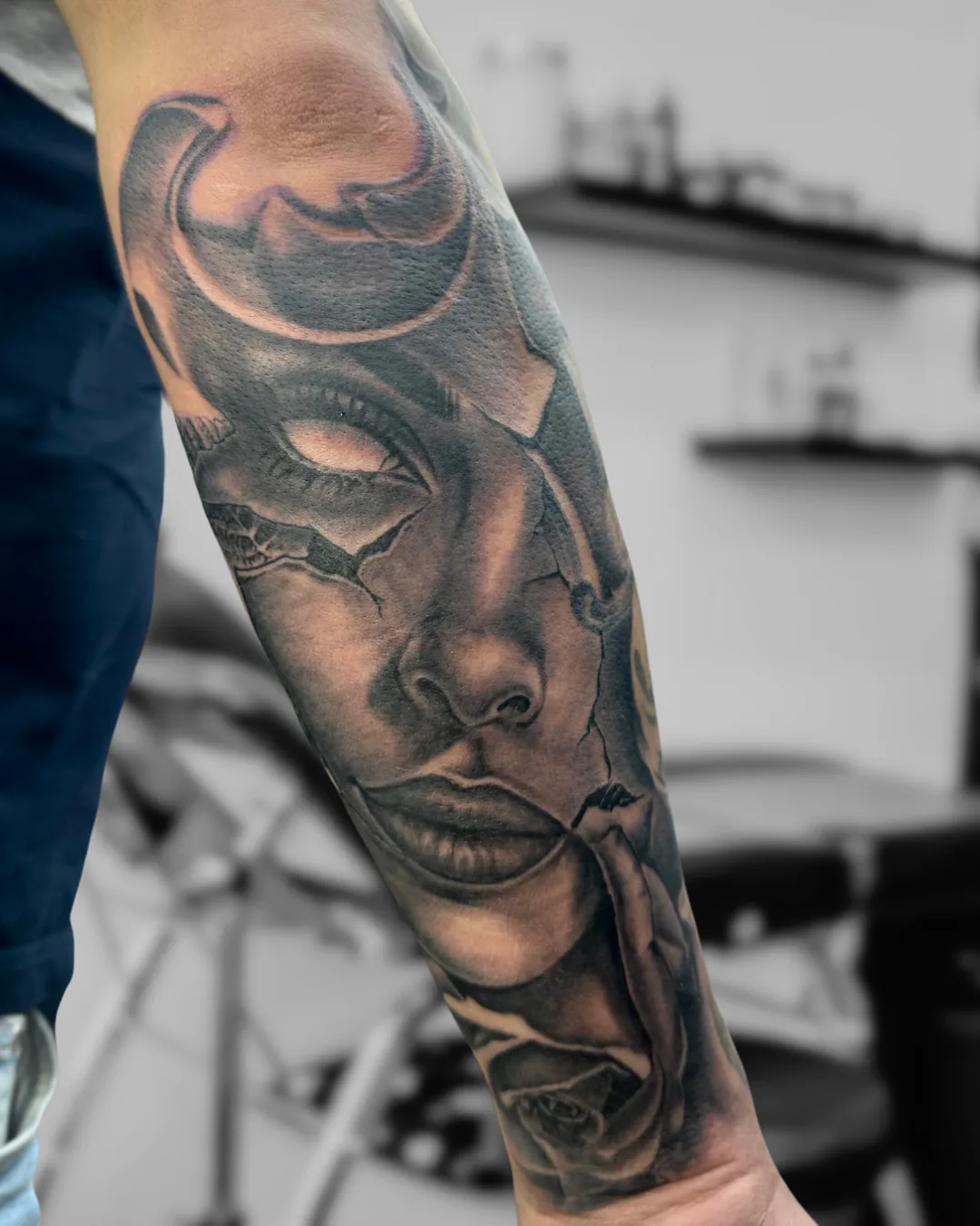 Masked portrait with a rose. Tattoo at Ink21 in Vienna.