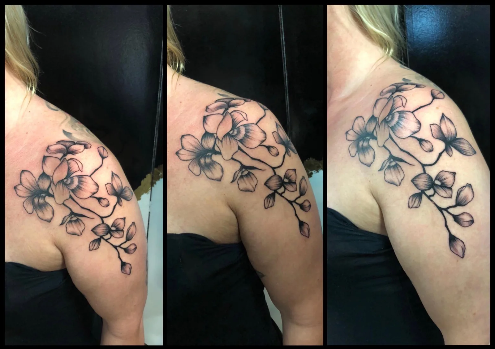 Orchids on the shoulder. Tattoo at Ink21 in Vienna.