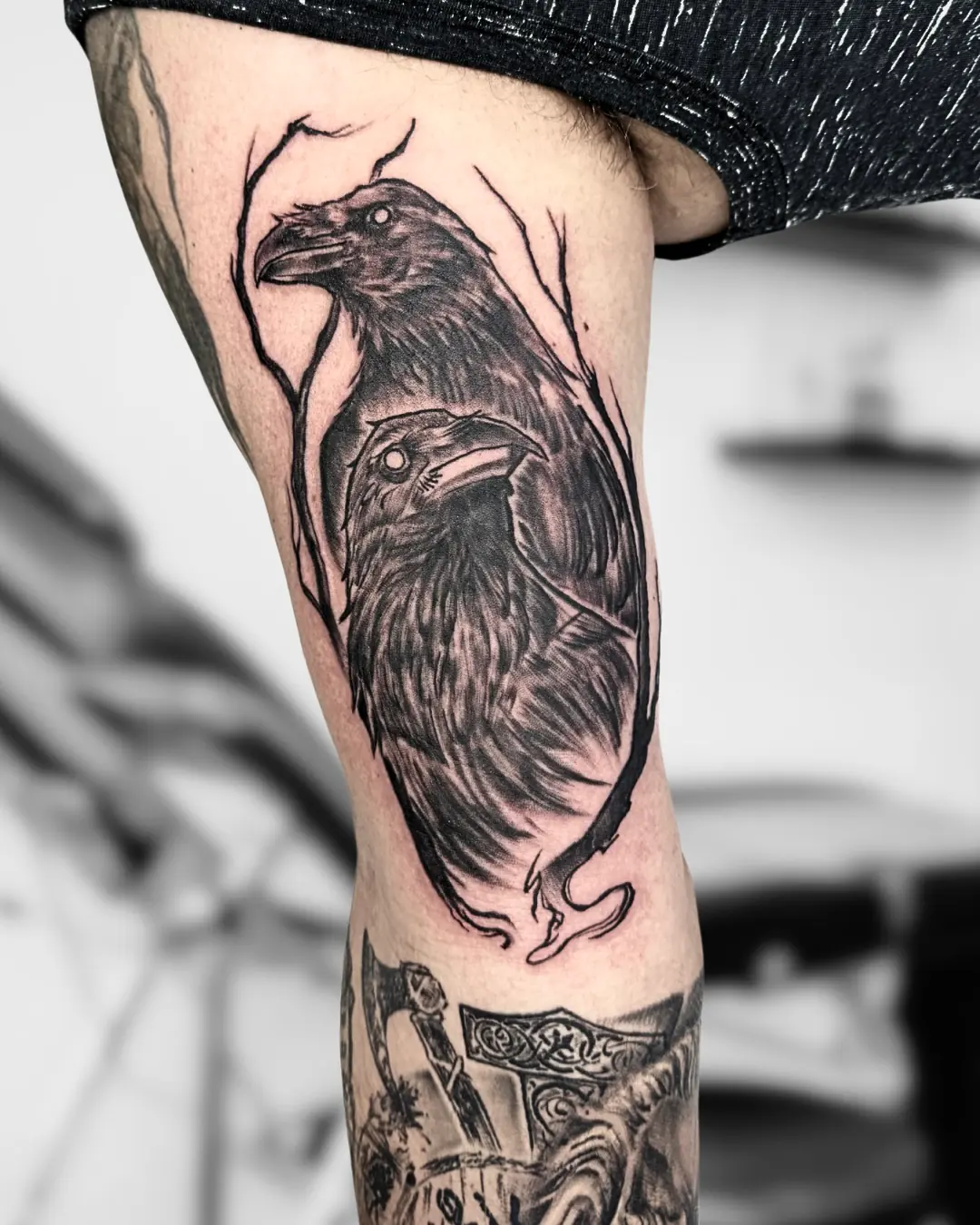 Raven among curved branches. Tattoo at Ink21 in Vienna.