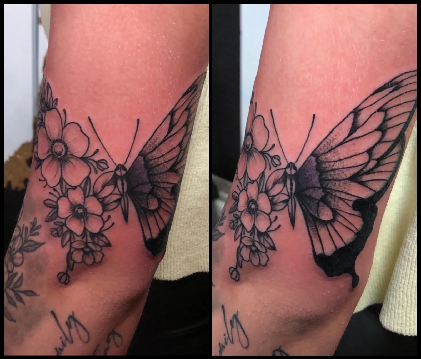 Butterfly with a floral half. Tattoo at Ink21 in Vienna.