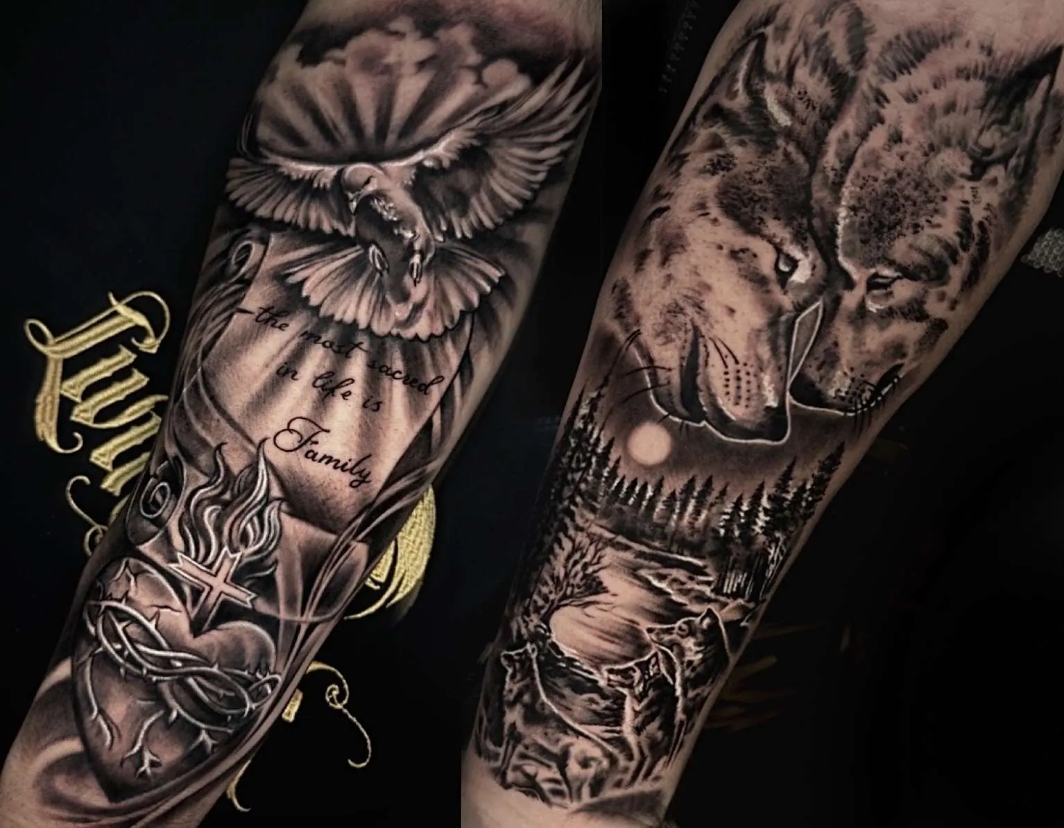 Dove, watch and wolves arm collage. Tattoo at Ink21 in Vienna.
