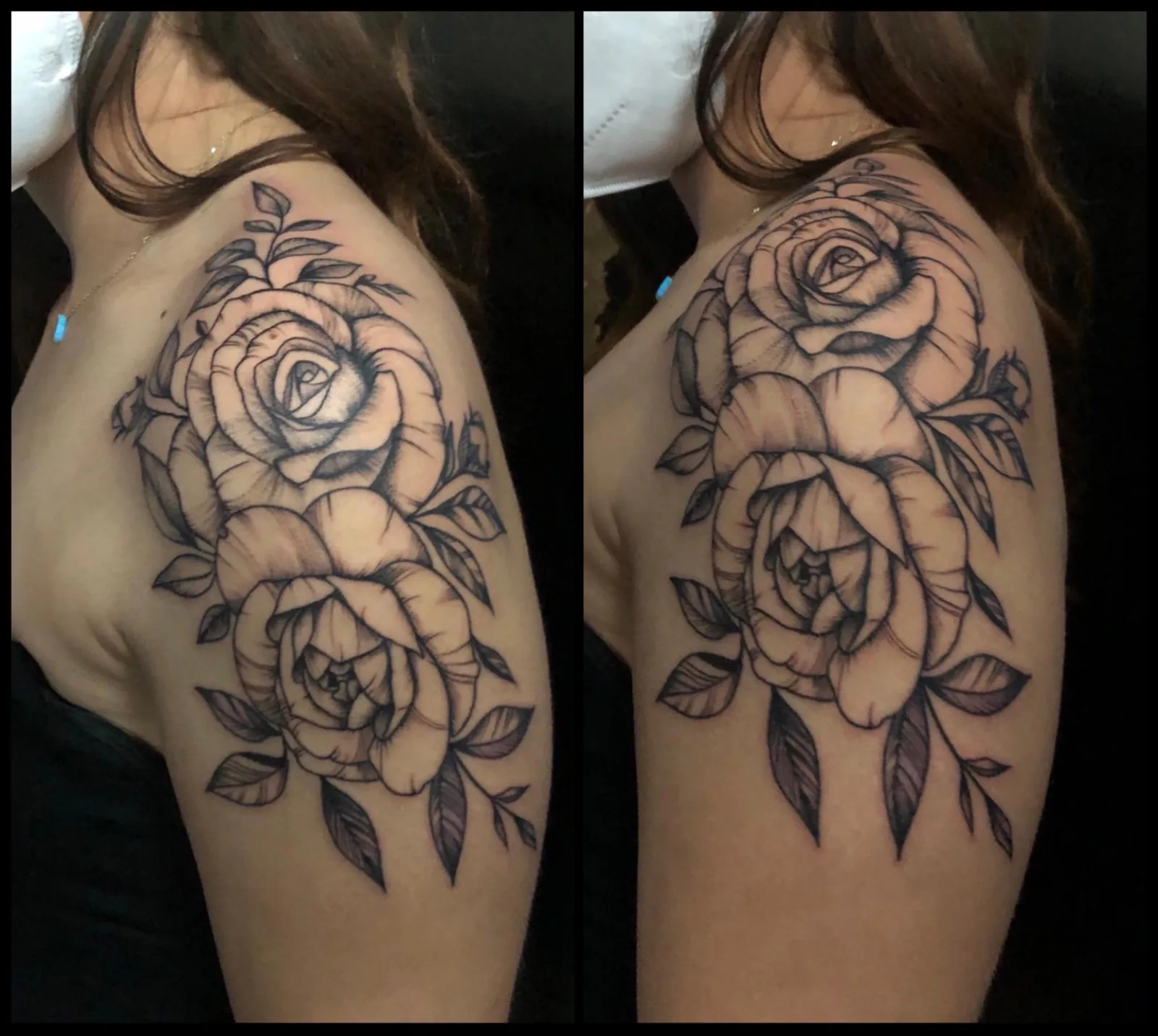 Two large shoulder flowers. Tattoo at Ink21 in Vienna.